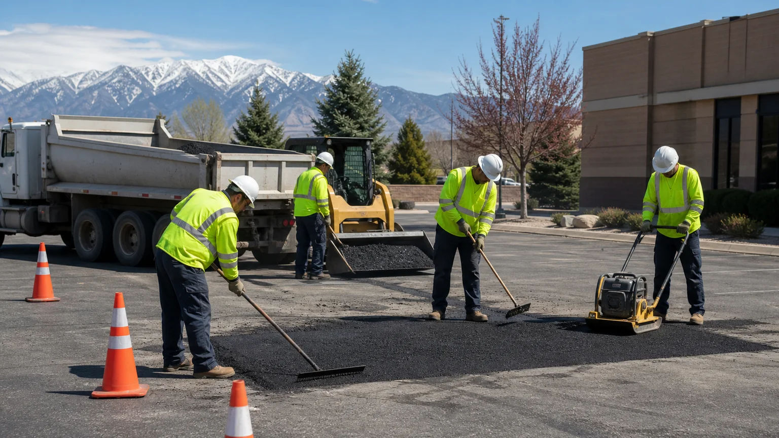 Asphalt Repair crew working in a controlled Fairfield, Utah pavement area