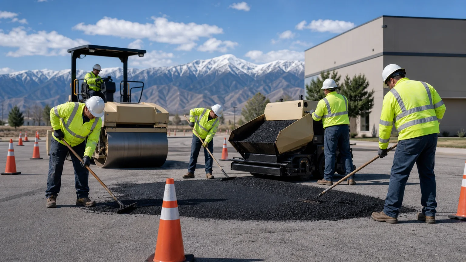 Asphalt Repair crew working in a controlled Genola, Utah pavement area