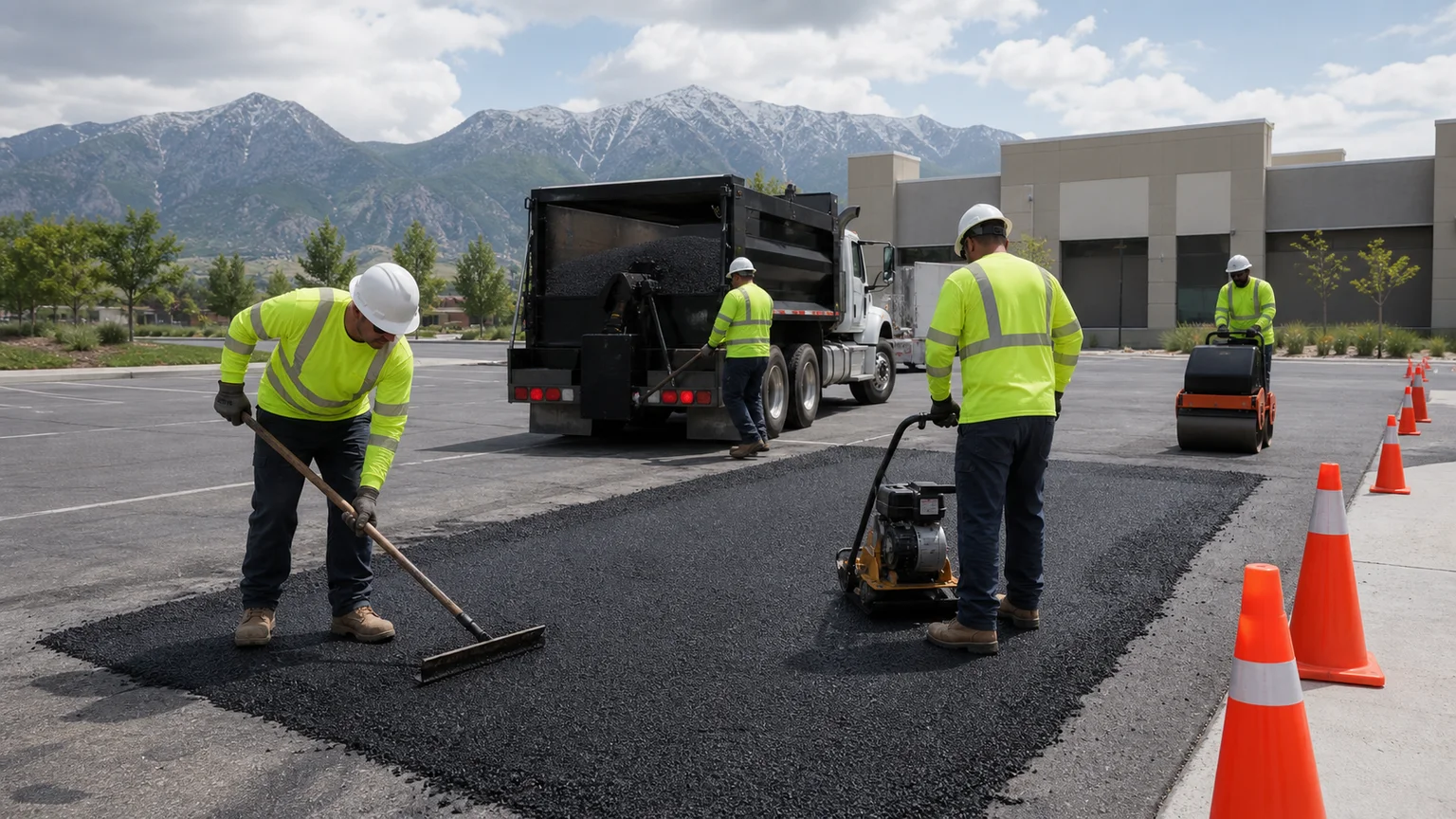 Asphalt Repair crew working in a controlled Goshen, Utah pavement area