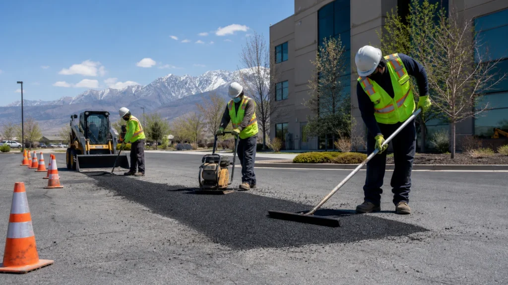 Asphalt Repair crew working in a controlled Herriman, Utah pavement area