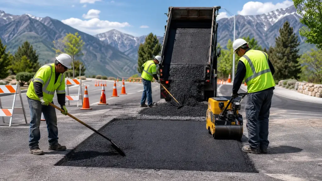 Asphalt Repair crew working in a controlled Highland, Utah pavement area