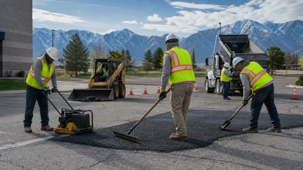 Asphalt Repair crew working in a controlled Kearns, Utah pavement area