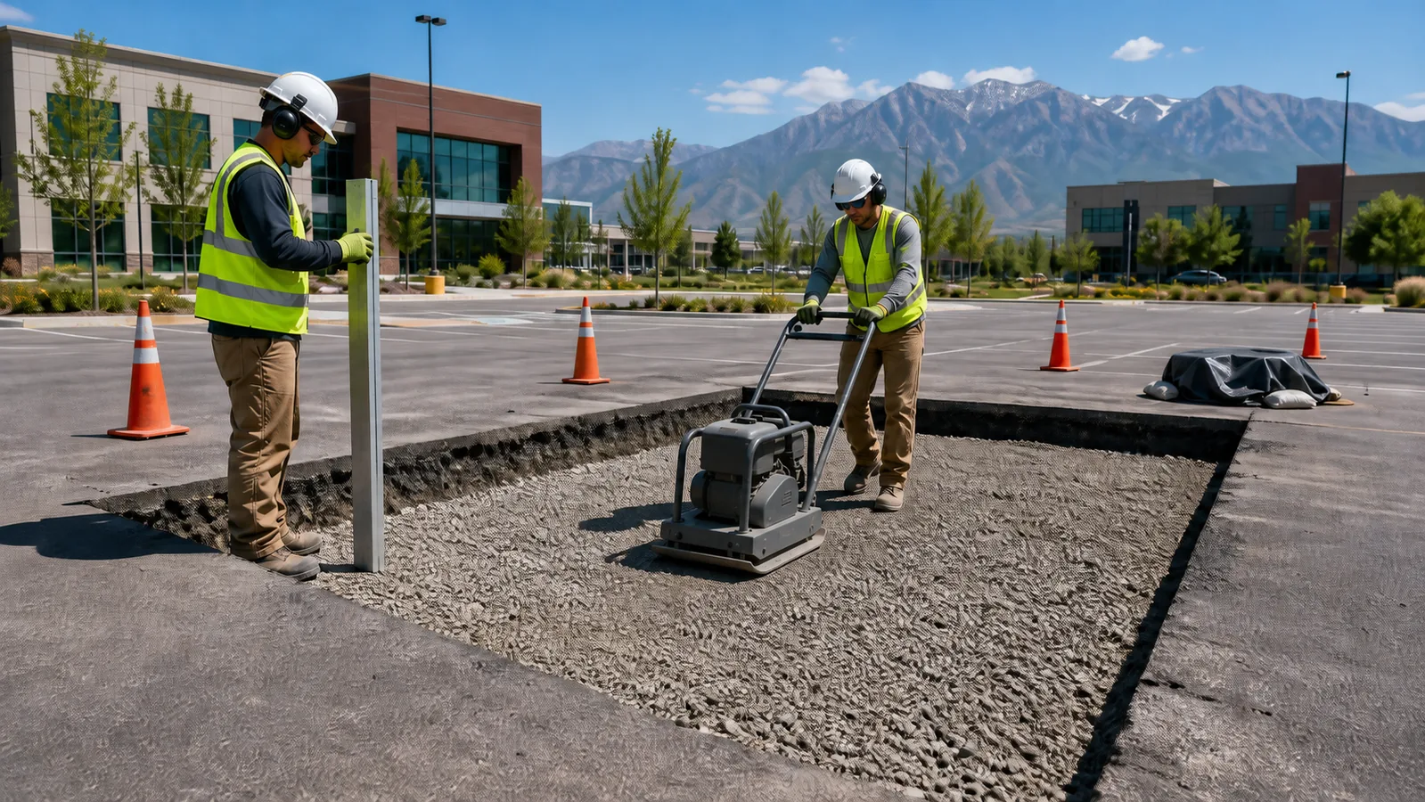 Crew compacting aggregate base inside a rectangular asphalt repair in Lehi Utah