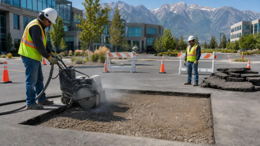 Crew saw-cutting a full-depth asphalt repair in a controlled Lehi Utah parking lot