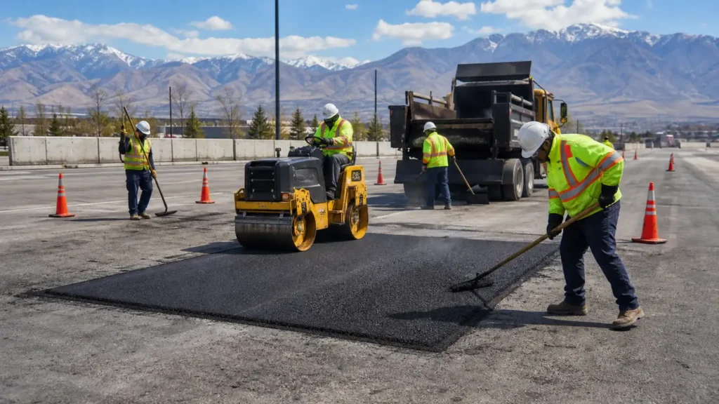 Asphalt Repair crew working in a controlled Lindon, Utah pavement area
