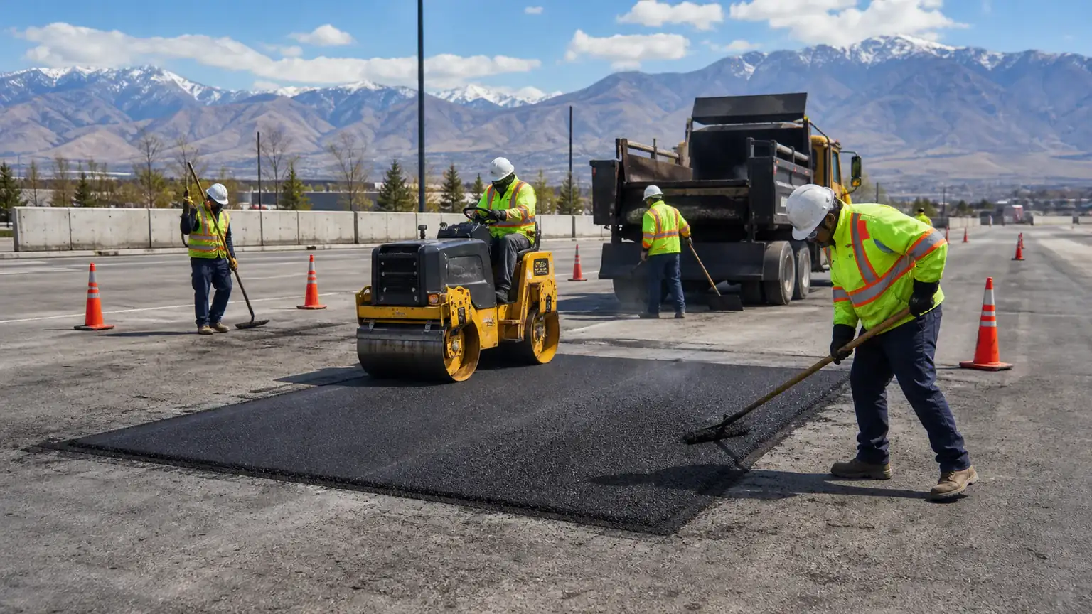 Asphalt Repair crew working in a controlled Lindon, Utah pavement area