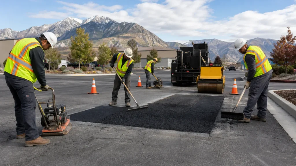 Asphalt Repair crew working in a controlled Midvale, Utah pavement area