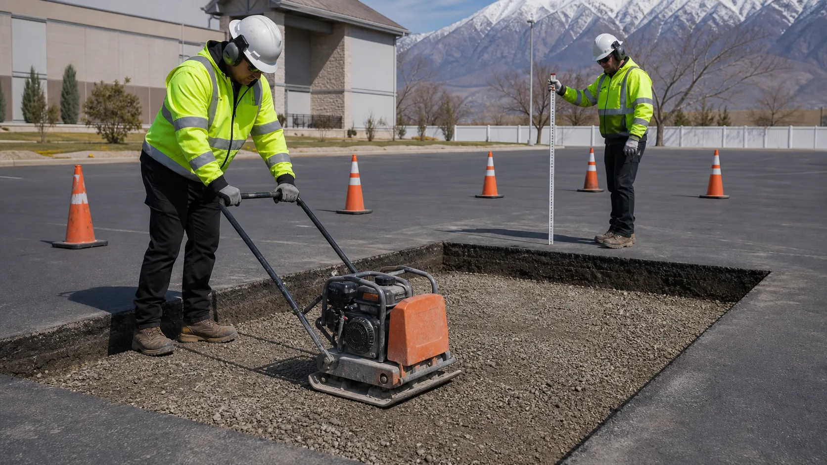 Crew compacting aggregate base inside a rectangular asphalt repair in Orem Utah