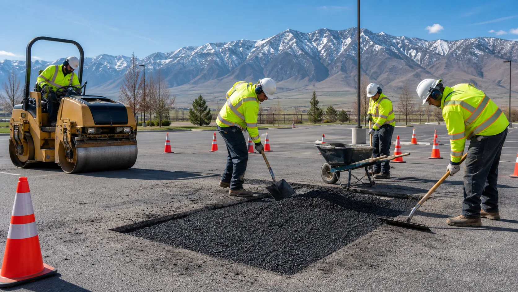 Crew placing and compacting a full-depth asphalt patch in a controlled Orem Utah parking lot