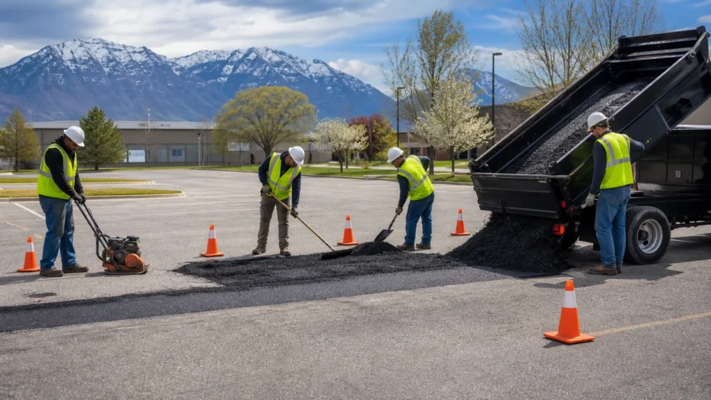 Asphalt Repair crew working in a controlled Pleasant Grove, Utah pavement area