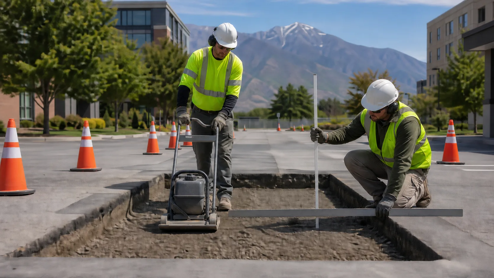 Crew compacting aggregate base inside a rectangular asphalt repair in Provo Utah