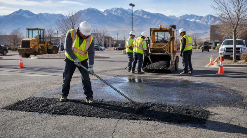 Asphalt Repair crew working in a controlled Riverton, Utah pavement area