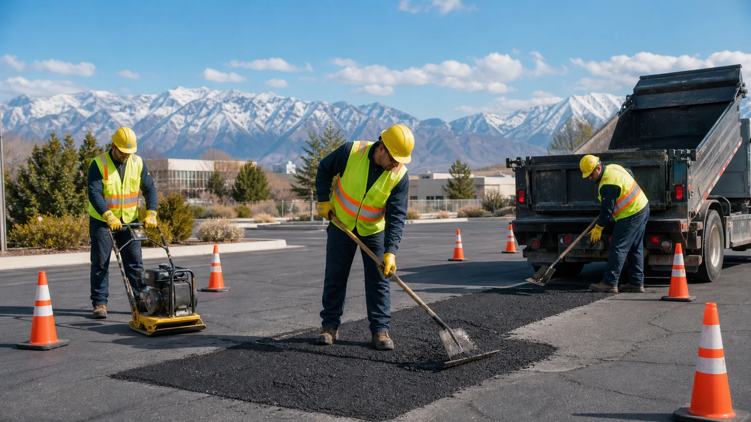 Asphalt Repair crew working in a controlled Salt Lake City, Utah pavement area