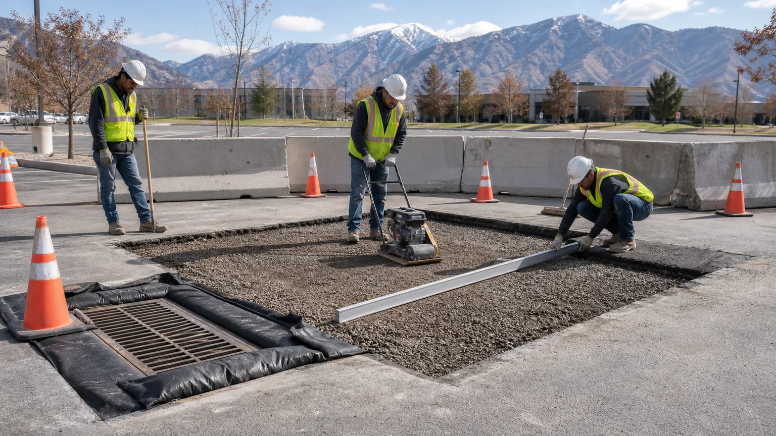 Crew compacting aggregate base inside a rectangular asphalt repair in Sandy Utah