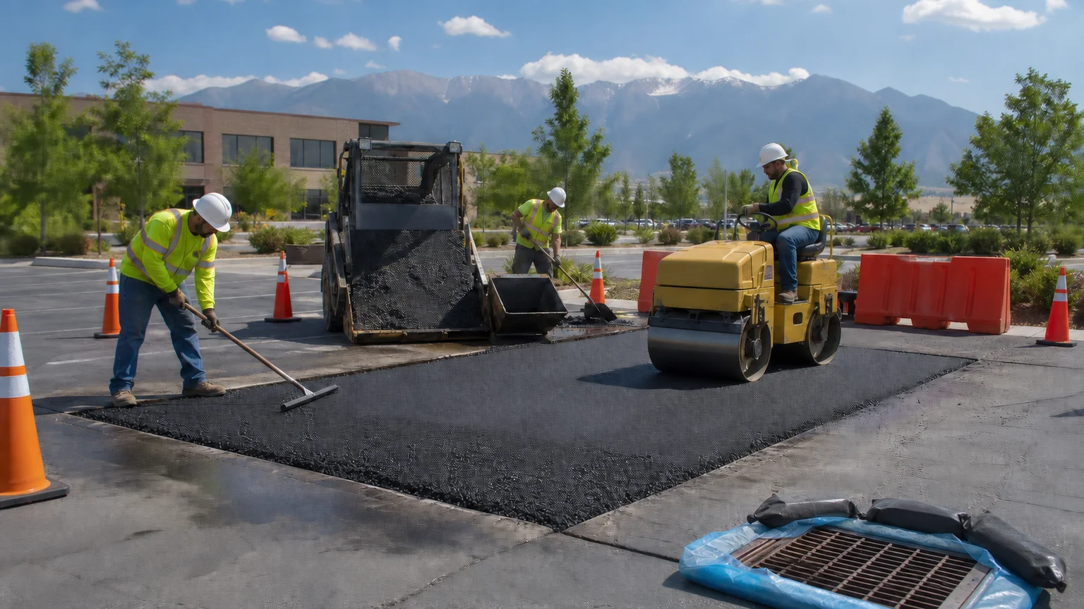 Crew placing and compacting a full-depth asphalt patch in a controlled Sandy Utah parking lot