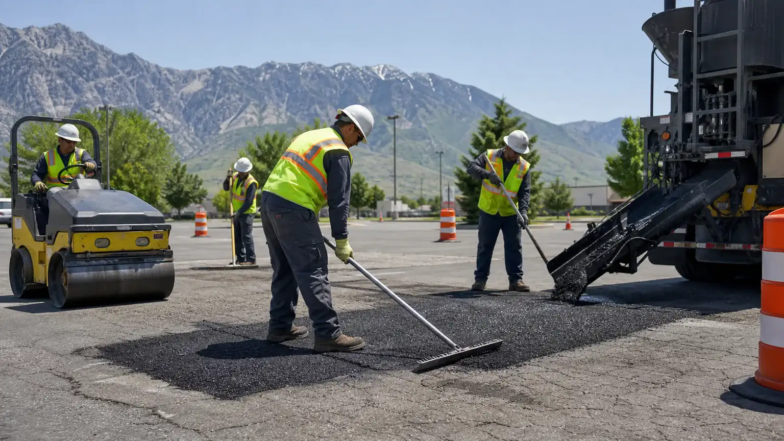 Asphalt Repair crew working in a controlled Santaquin, Utah pavement area