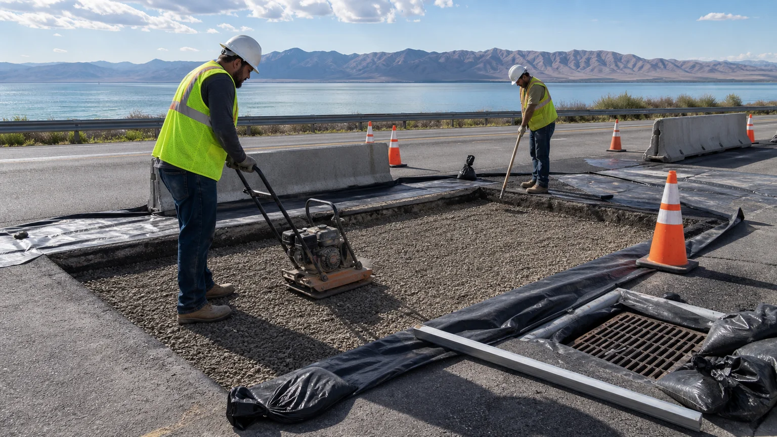 Crew compacting aggregate base inside a rectangular asphalt repair in Saratoga Springs Utah
