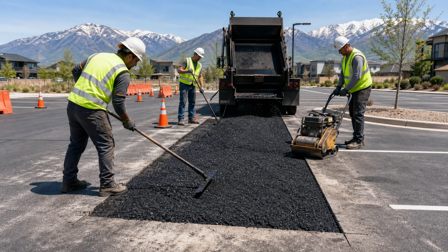 Crew placing and compacting a full-depth asphalt patch in a controlled Saratoga Springs Utah parking lot