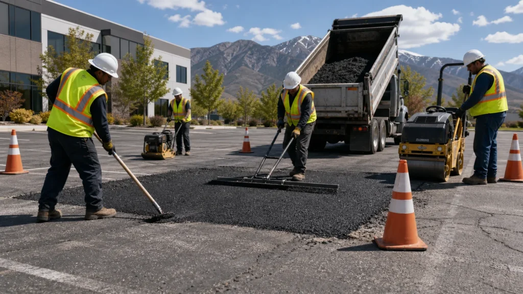 Asphalt Repair crew working in a controlled South Jordan, Utah pavement area