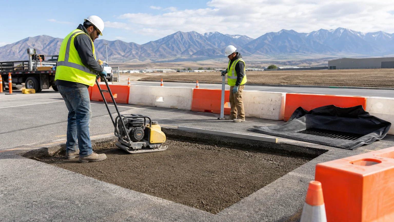 Crew compacting aggregate base inside a rectangular asphalt repair in Spanish Fork Utah