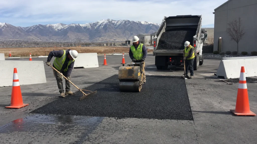 Crew placing and compacting a rectangular full-depth asphalt patch in Spanish Fork Utah