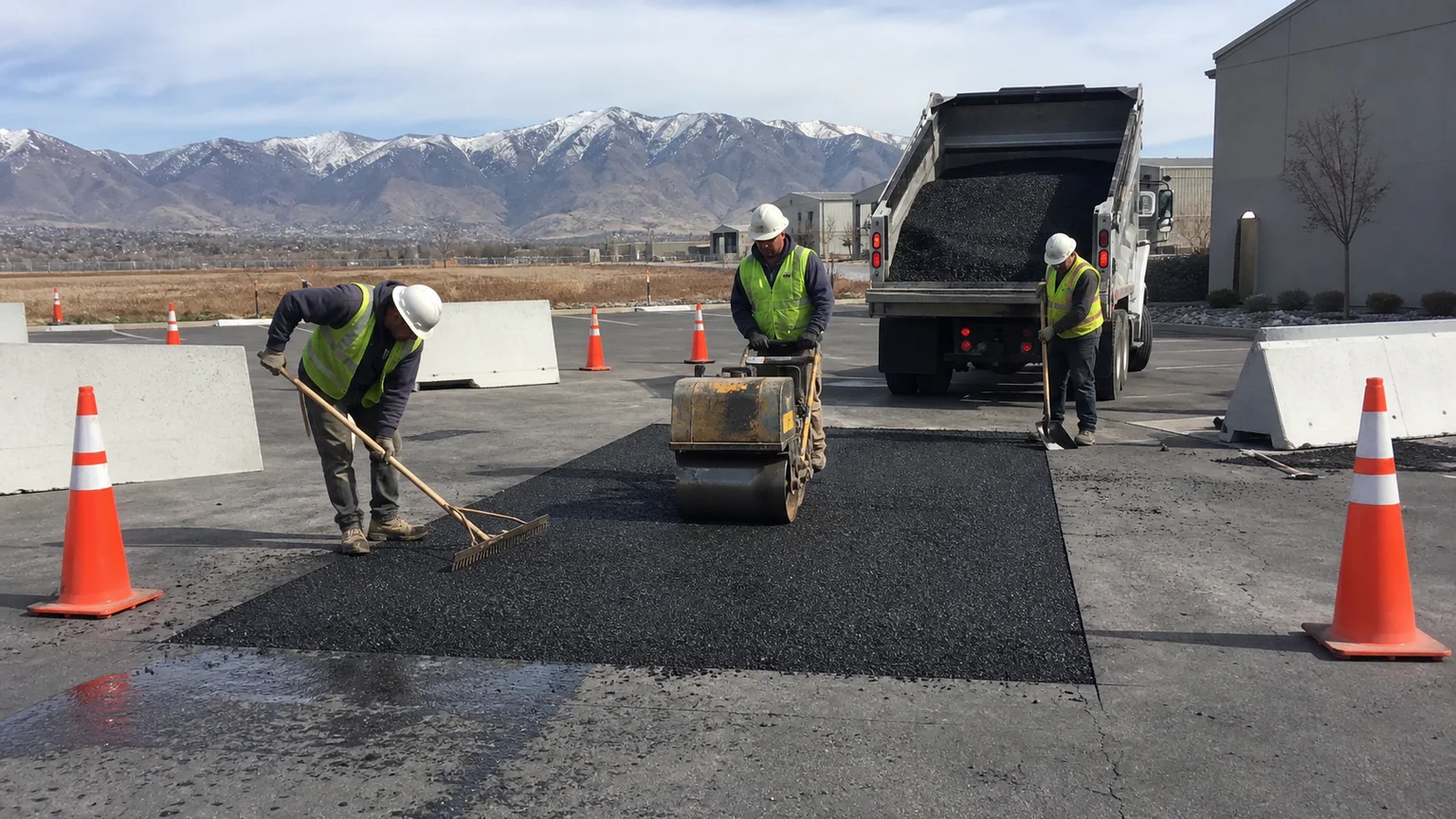 Crew placing and compacting a full-depth asphalt patch in a controlled Spanish Fork Utah parking lot