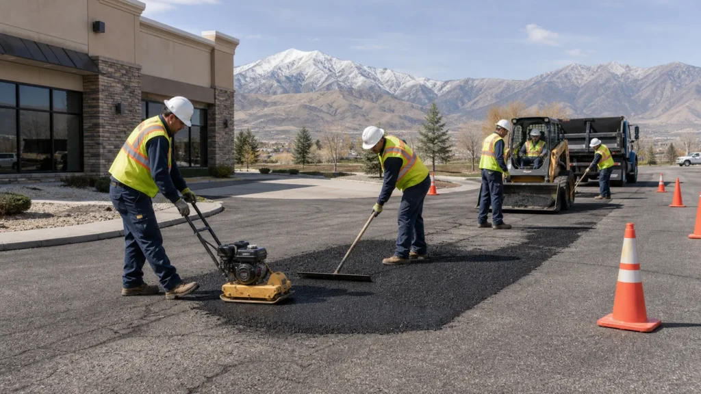 Asphalt Repair crew working in a controlled Springville, Utah pavement area