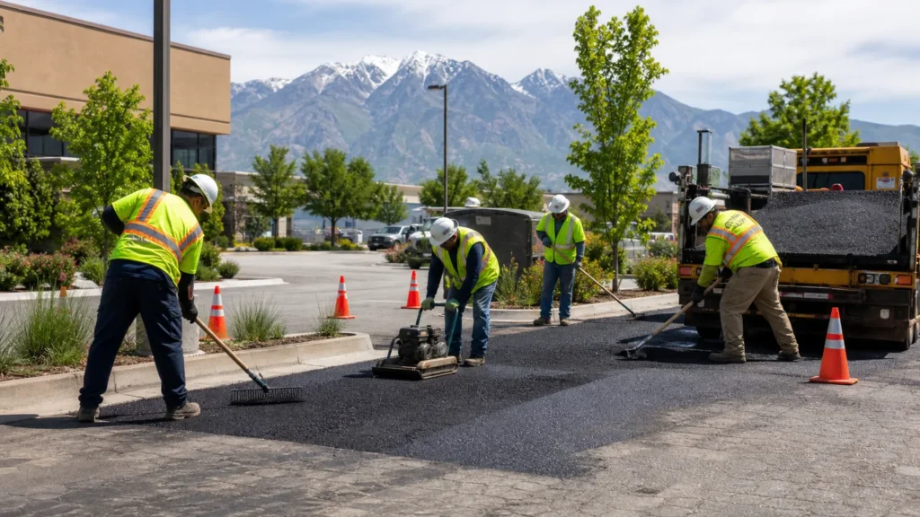 Asphalt Repair crew working in a controlled West Jordan, Utah pavement area