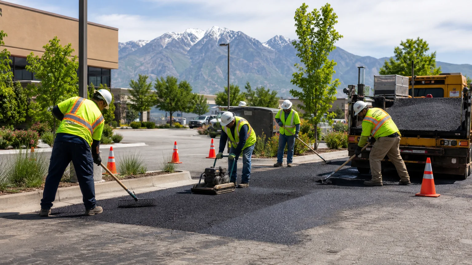 Asphalt Repair crew working in a controlled West Jordan, Utah pavement area