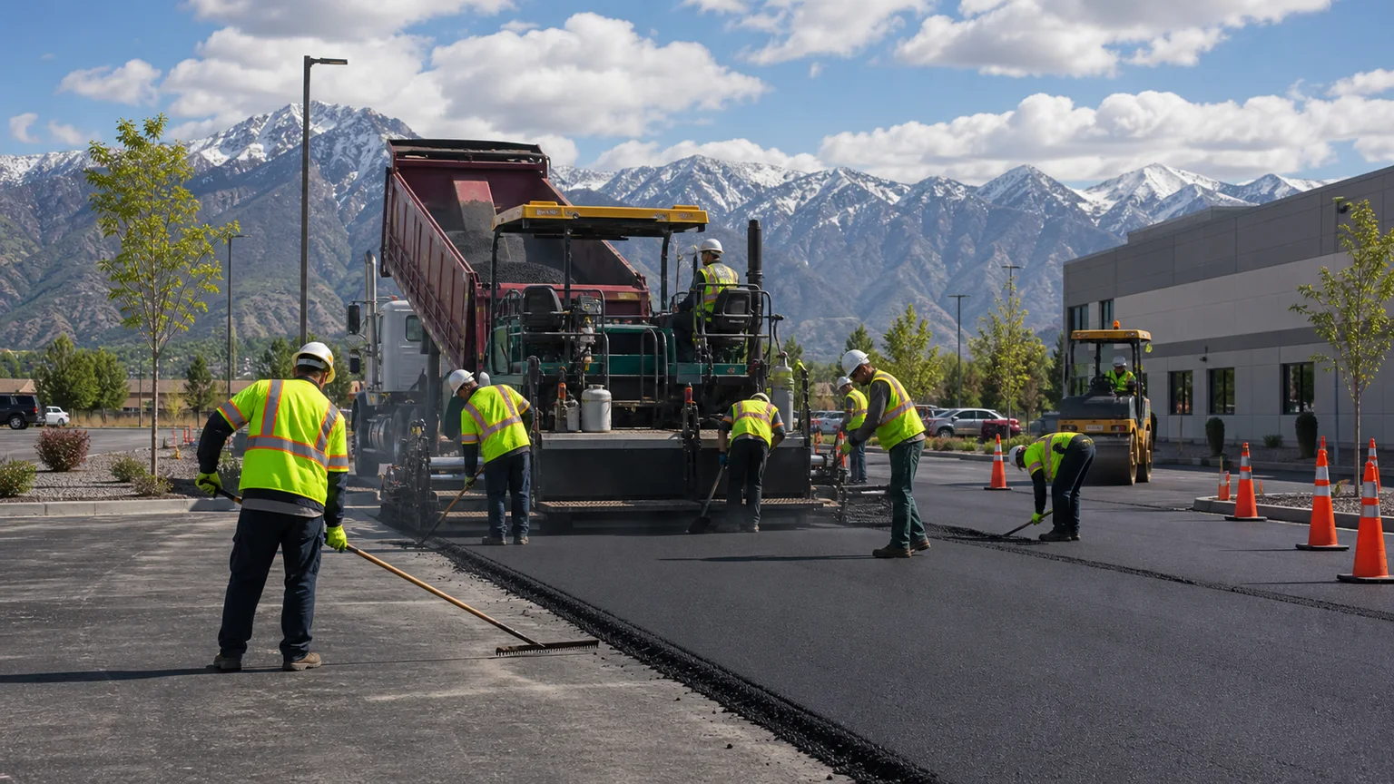 Commercial Asphalt Paving crew working in a controlled Alpine, Utah pavement area