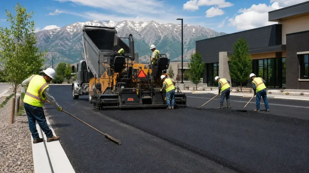 Commercial Asphalt Paving crew working in a controlled American Fork, Utah pavement area