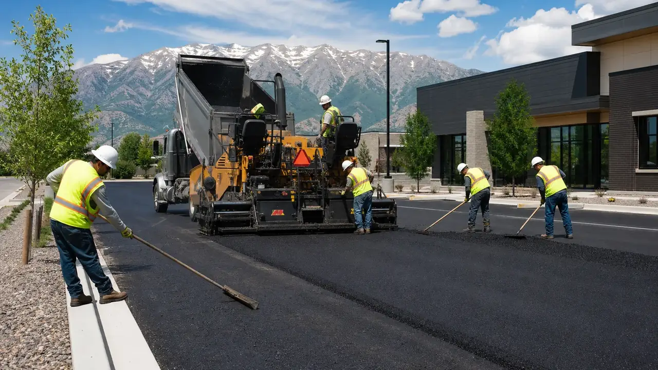 Commercial Asphalt Paving crew working in a controlled American Fork, Utah pavement area