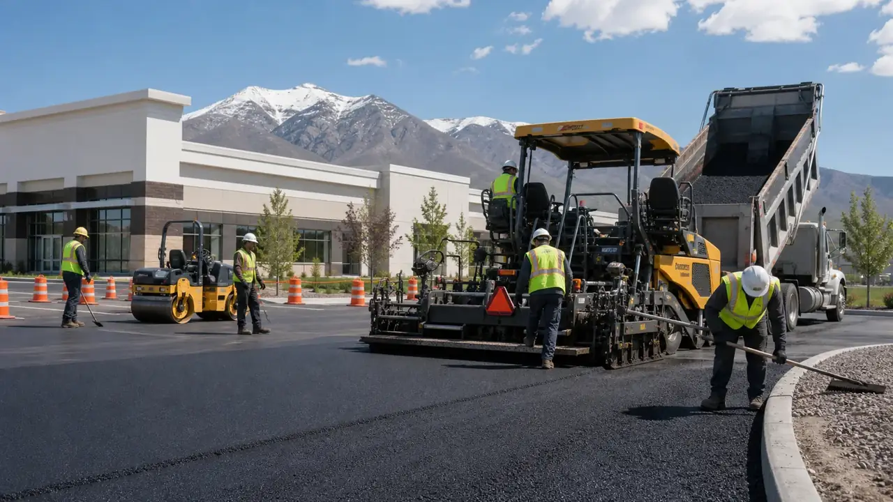 Commercial Asphalt Paving crew working in a controlled Bluffdale, Utah pavement area