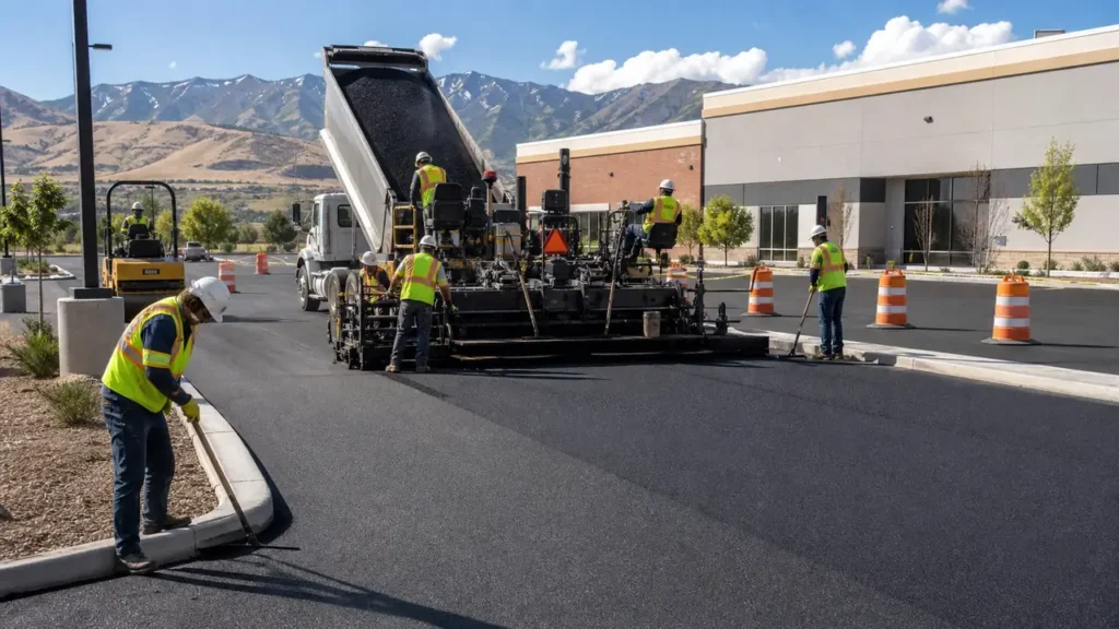 Commercial Asphalt Paving crew working in a controlled Cedar Fort, Utah pavement area