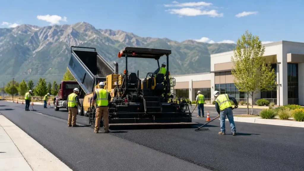 Commercial Asphalt Paving crew working in a controlled Cedar Hills, Utah pavement area