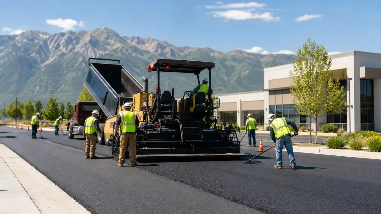 Commercial Asphalt Paving crew working in a controlled Cedar Hills, Utah pavement area
