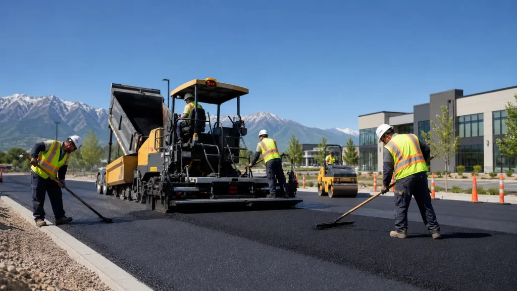 Commercial Asphalt Paving in Utah crew working on a controlled Utah pavement site
