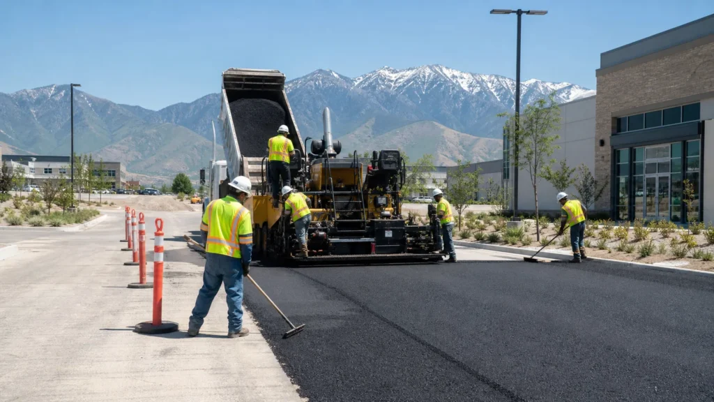 Commercial Asphalt Paving crew working in a controlled Eagle Mountain, Utah pavement area
