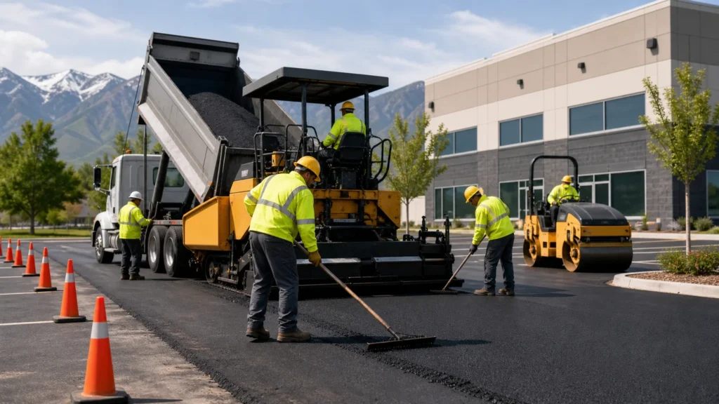 Commercial Asphalt Paving crew working in a controlled Elk Ridge, Utah pavement area