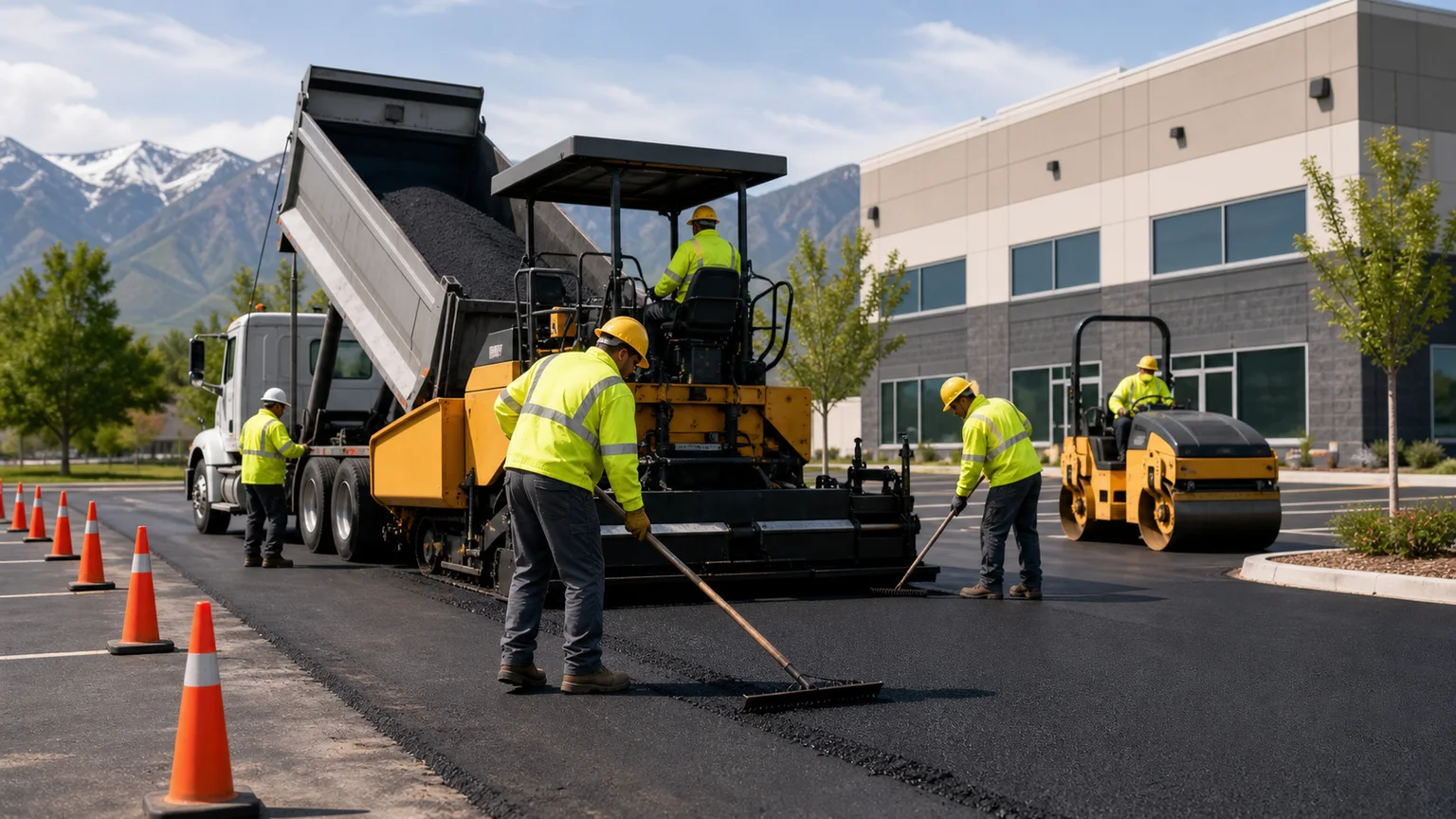 Commercial Asphalt Paving crew working in a controlled Elk Ridge, Utah pavement area