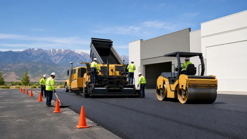 Commercial Asphalt Paving crew working in a controlled Fairfield, Utah pavement area