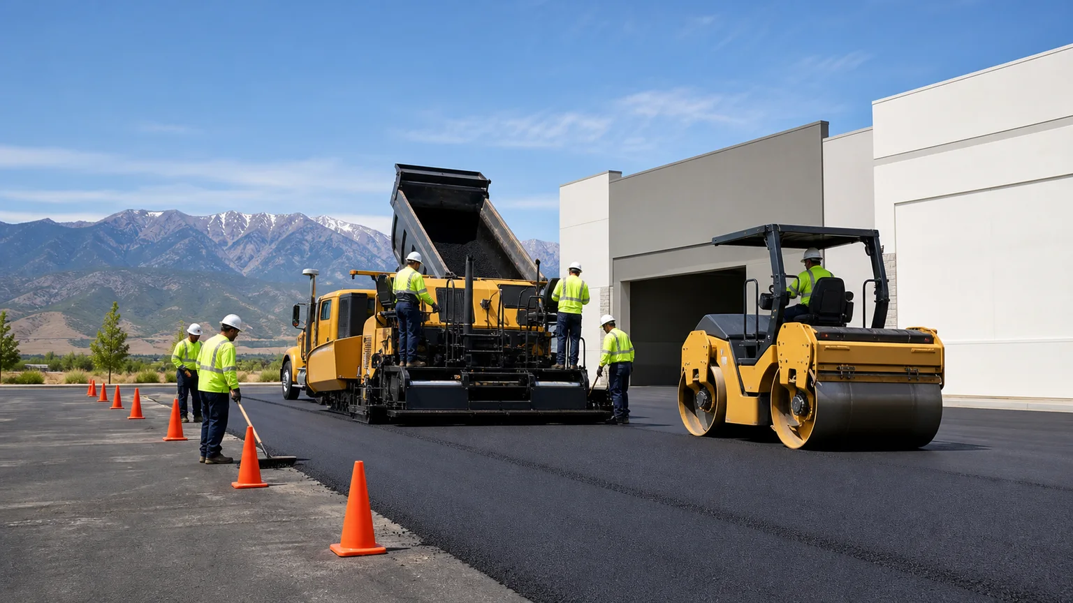 Commercial Asphalt Paving crew working in a controlled Fairfield, Utah pavement area