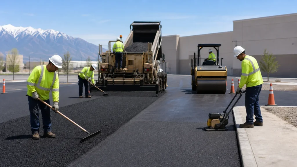 Commercial Asphalt Paving crew working in a controlled Genola, Utah pavement area