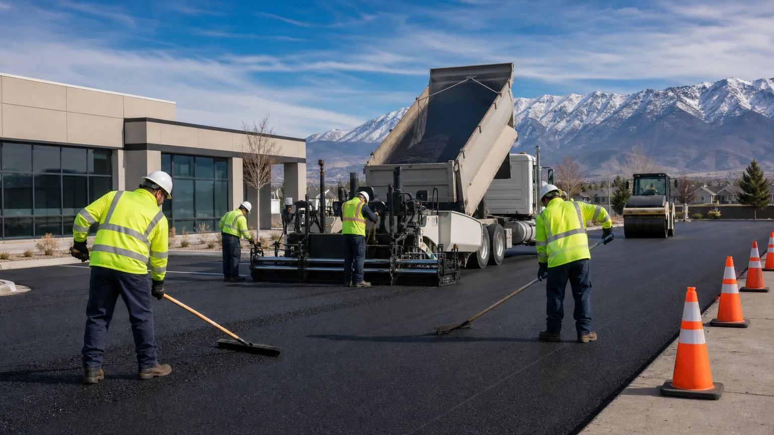 Commercial Asphalt Paving crew working in a controlled Goshen, Utah pavement area