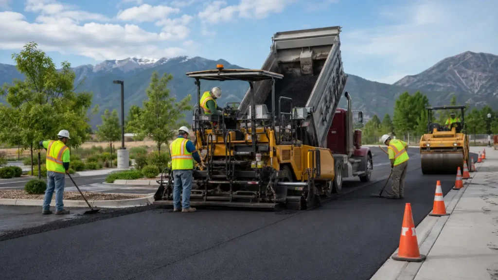 Commercial Asphalt Paving crew working in a controlled Highland, Utah pavement area