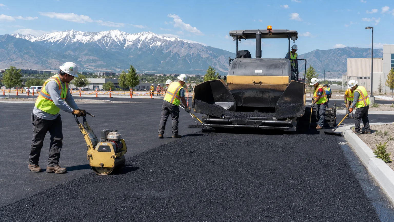 Commercial Asphalt Paving crew working in a controlled Lehi, Utah pavement area