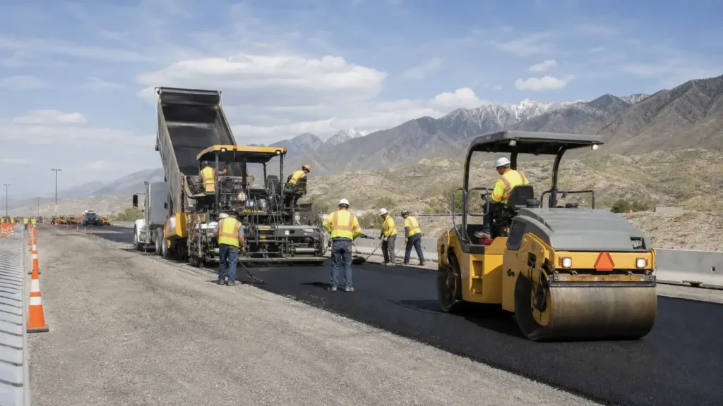 Commercial Asphalt Paving crew working in a controlled Lindon, Utah pavement area