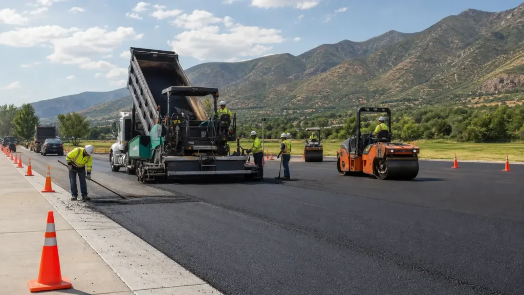 Commercial Asphalt Paving crew working in a controlled Mapleton, Utah pavement area