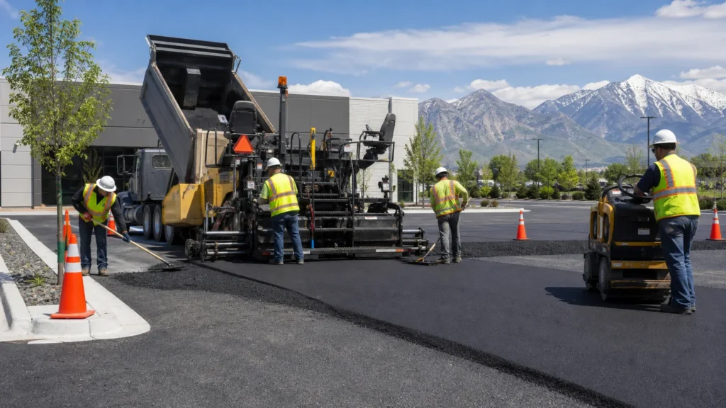 Commercial Asphalt Paving crew working in a controlled Orem, Utah pavement area