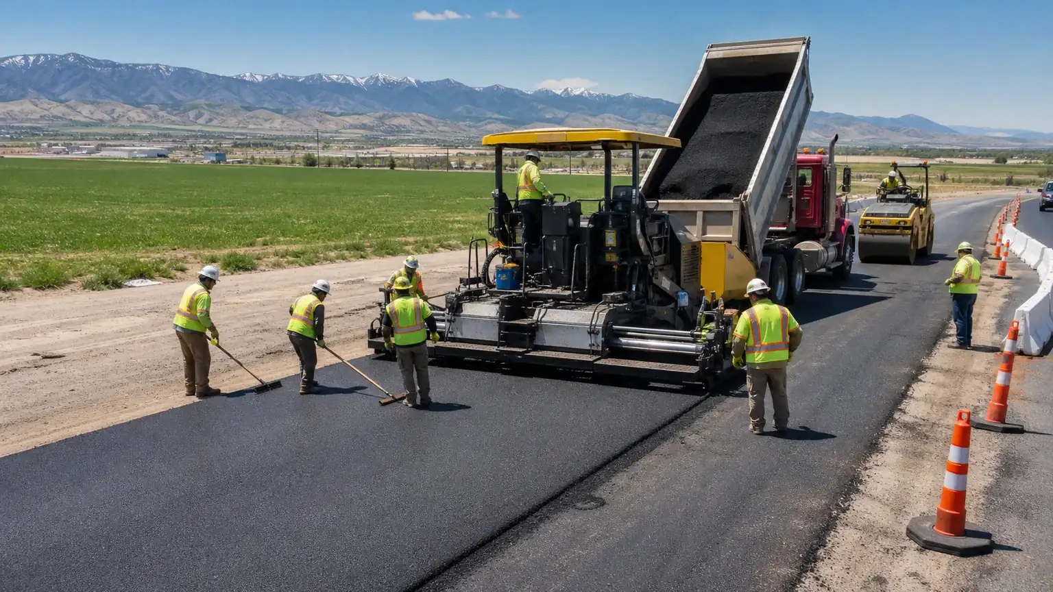 Commercial Asphalt Paving crew working in a controlled Payson, Utah pavement area